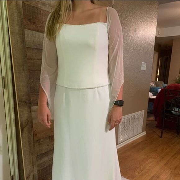 Kathryn LaCroix white nee wedding dress gown beading sheer long sleeves, size 10 - Picture 2 of 13